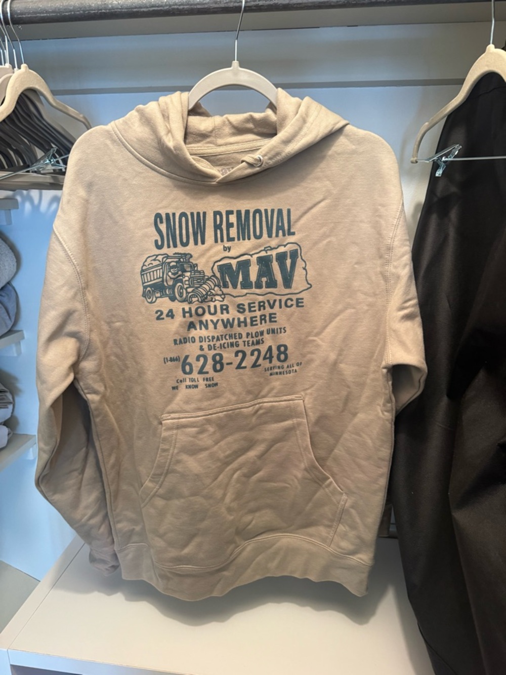 Snow Removal Graphic Hoodie in Beige with Teal Print